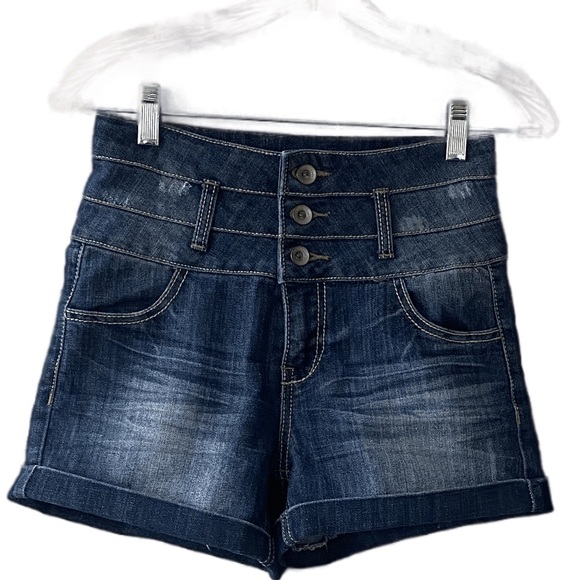 High Rise Blue Jean Shorts Denim Cuffed Hem 3 Button Cute Sexy Fit Dollhouse - Picture 15 of 16
